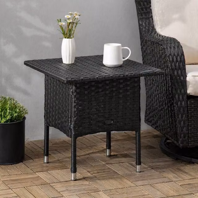 STILVORA Outdoor Side Table with Rattan Finish in Black