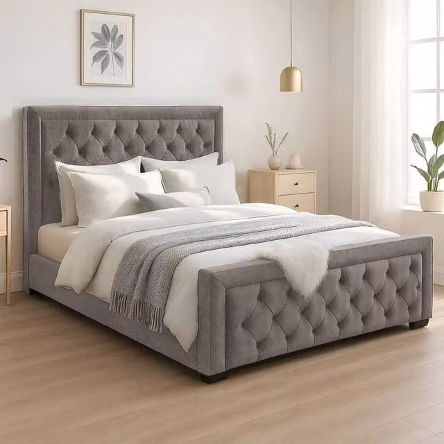Bed Time UK Naples King Size Upholstered Bed Frame with Chesterfield Floor Standing Headboard in Grey