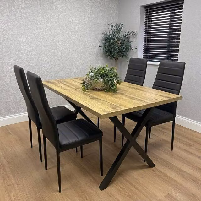KOSY KOALA Brown Wooden Rectangular Dining Table with 4 Black Leather Chairs – 1