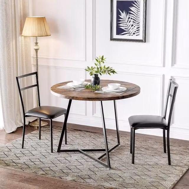 London Boutique 3-Piece Round Dining Table and 2 Upholstered Chairs Set in Brown