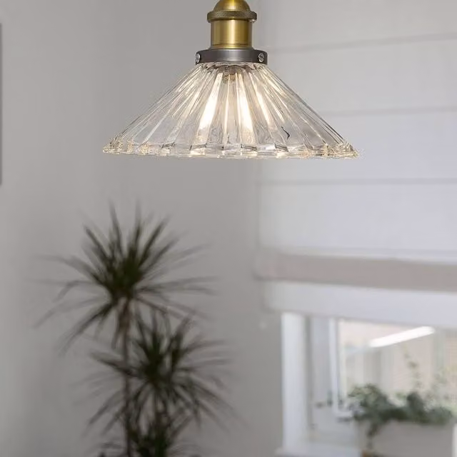 Wyld and Coco Modern Cone Pendant Lamp with Transparent Ribbed Glass Shade and Brass Detailing in Clear and Gold – 1