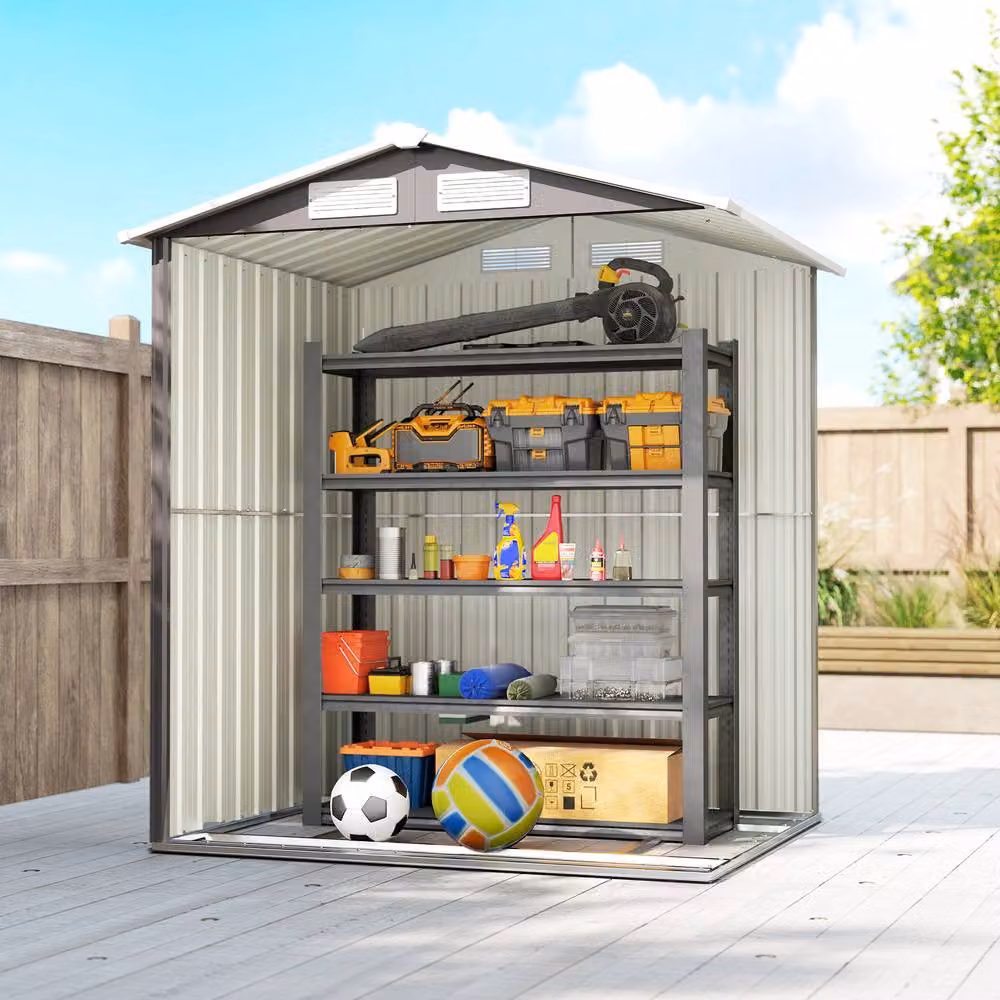 Rolipo Grey Metal Pent Garden Shed with Foundation Kit, W: 152 cm, D: 132 cm, H: 188 cm – 7