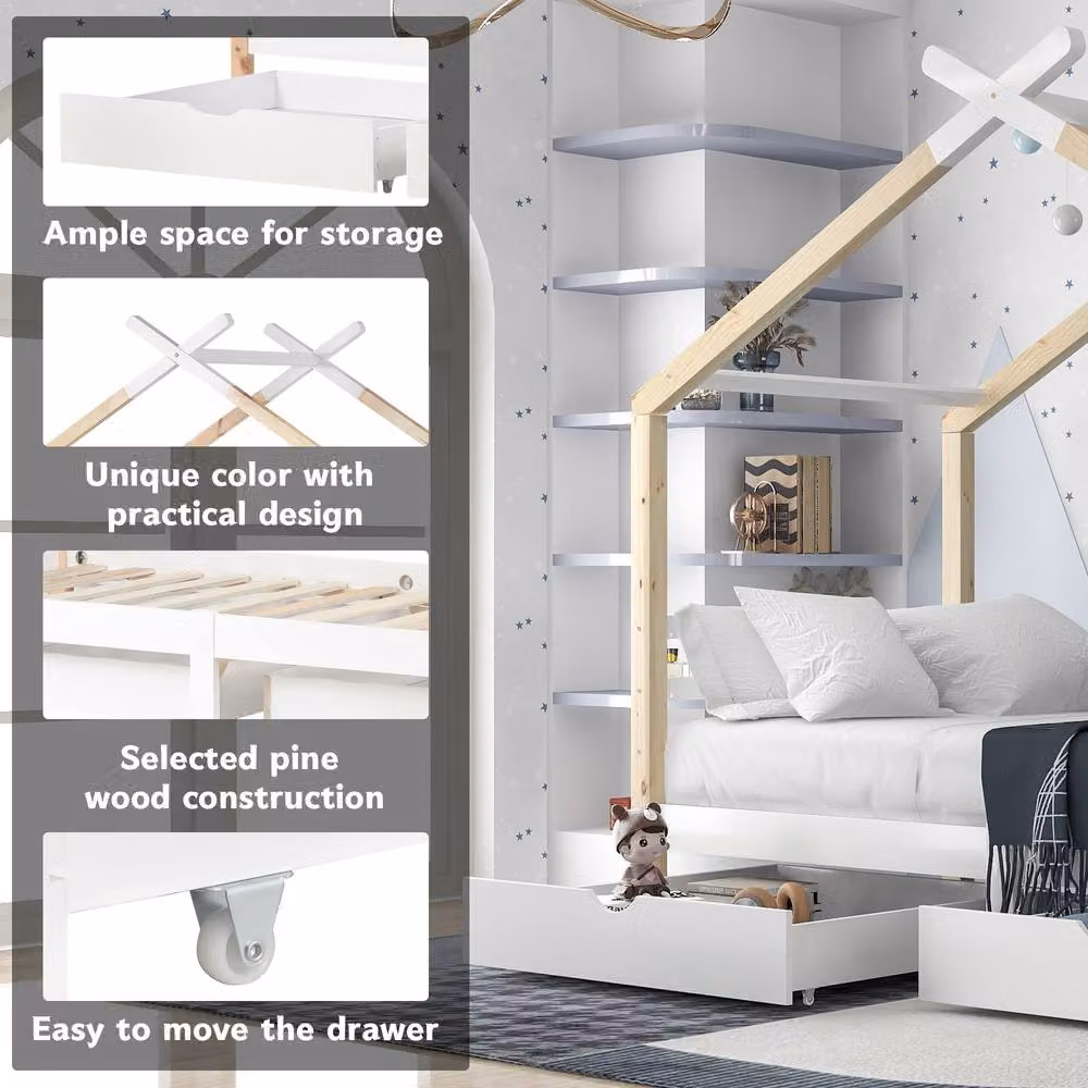 ModernLuxe Kids Single Bed Frame with 2 Drawers and House Design in Sand and White – 3