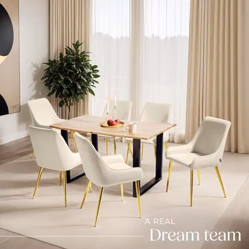tectake Set of 4 Modern Dining Chairs with Armrests in Beige Velvet Look and Gold Metal Legs – 2