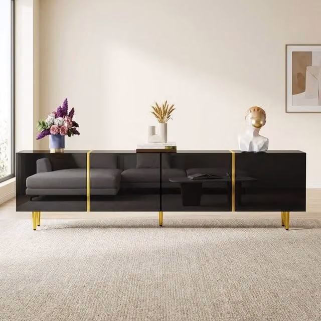 STILVORA Modern Glossy Black and Gold TV Cabinet with Four Doors and Media Compartments – 1