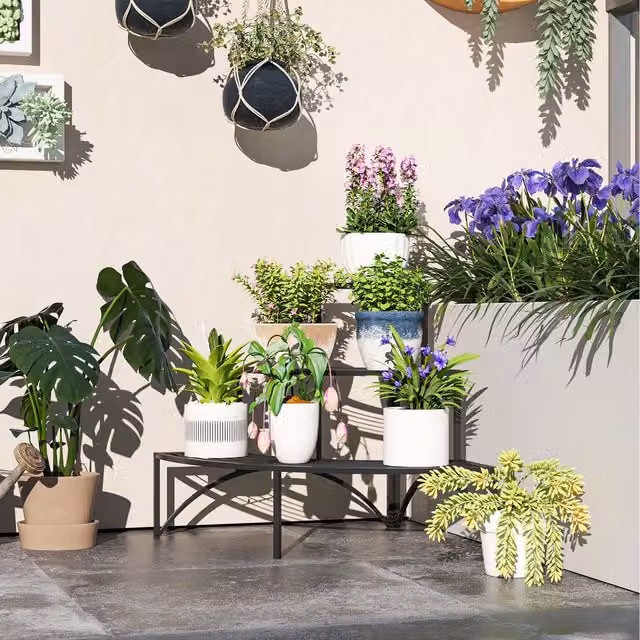 Outsunny 3 Tier Matt Black Metal Corner Plant Stand for Garden and Balcony