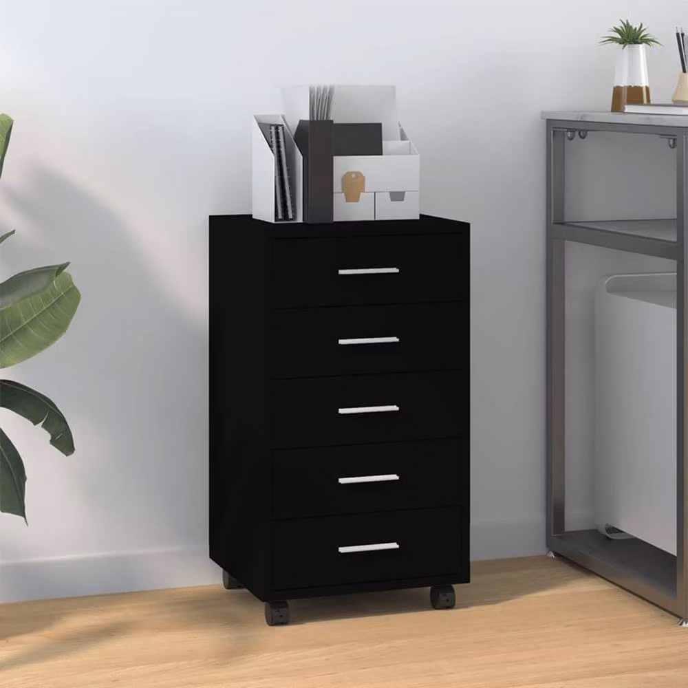 Berkfield Home Black Matt Engineered Wood Drawer Cabinet with Castors – 2