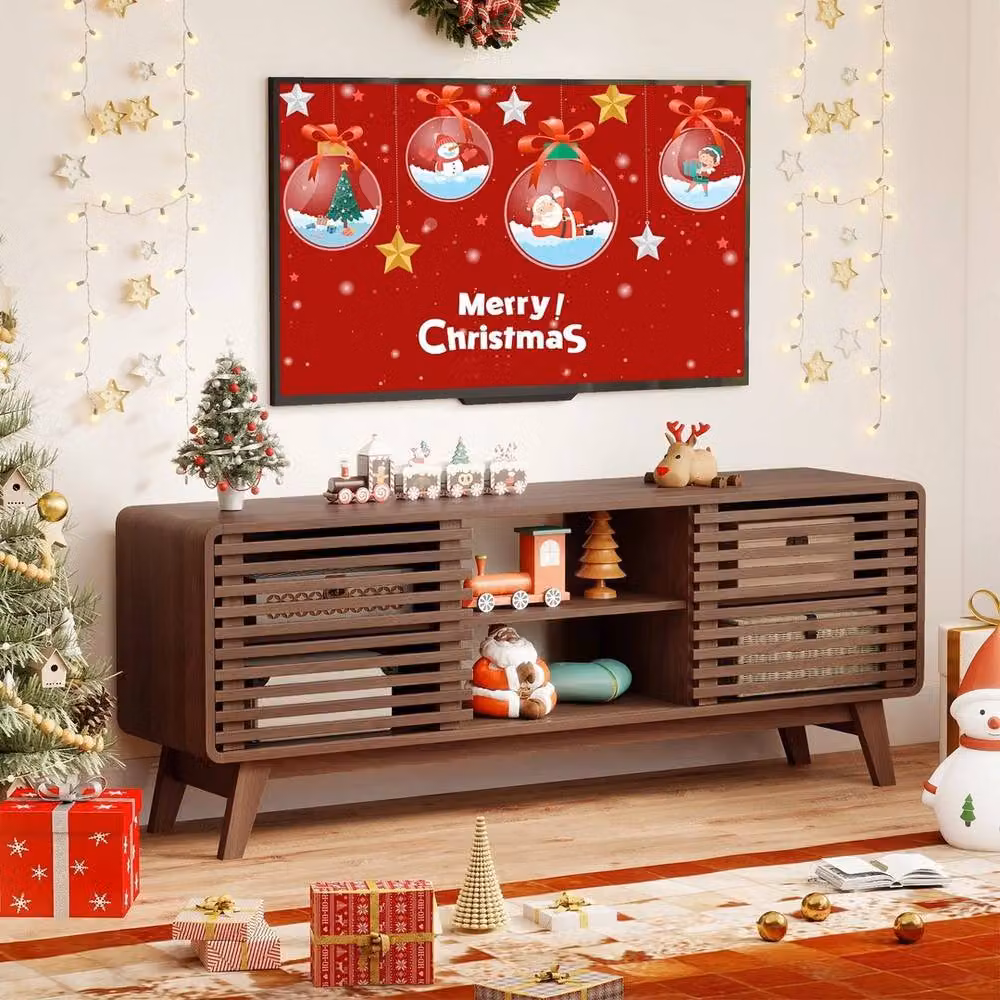 SPETLEK Mid-Century Brown Wood Entertainment Center TV Stand with Media Compartments – 3