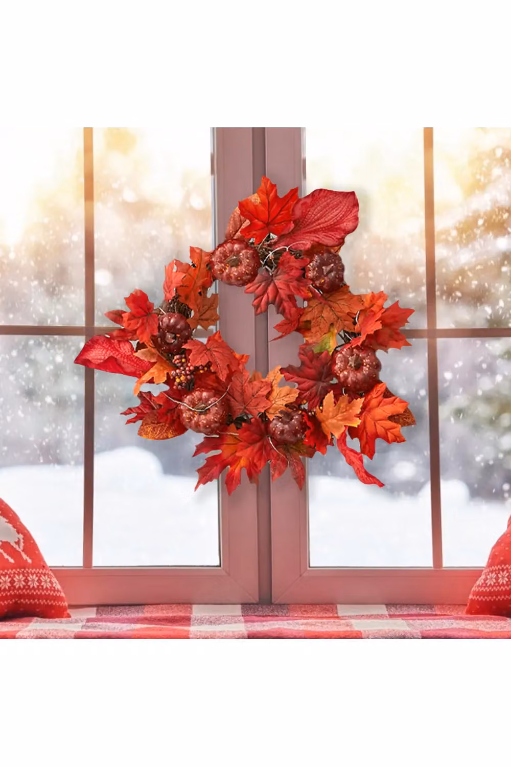 Living and Home Red Artificial Maple Leaf and Pumpkin Wreath for Autumn and Halloween Decoration – 2