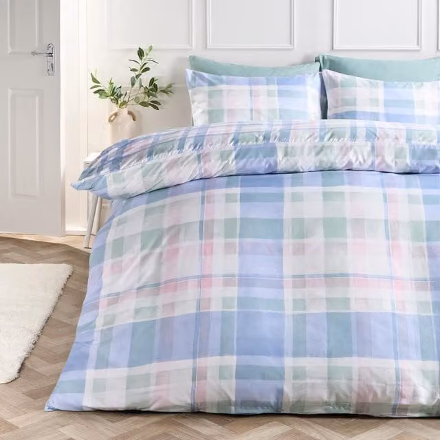 OHS Blue Watercolour Check Print Microfibre Duvet Set