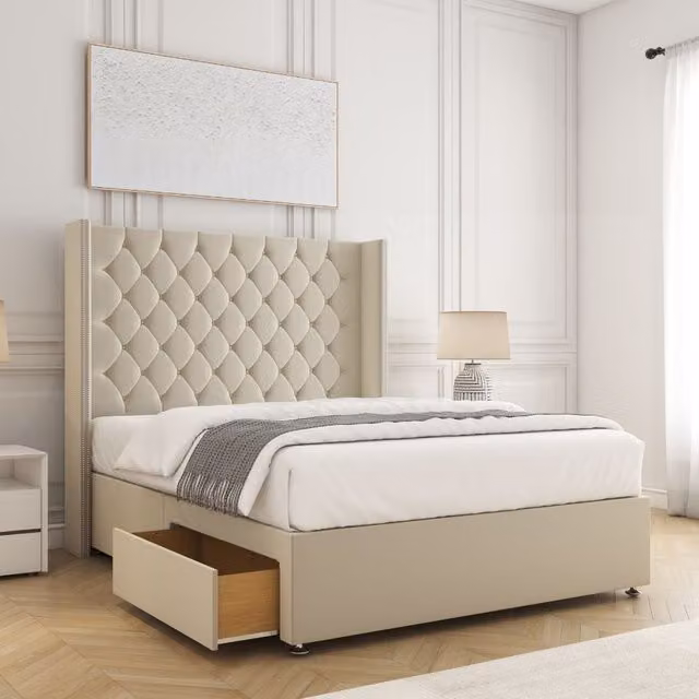 BSSPOKE Olivia Plush Divan Bed Set with 54 inch Headboard, 2 Drawers, Footend and Mattress in Cream, King Size, W/D/H: 180 x 200 cm