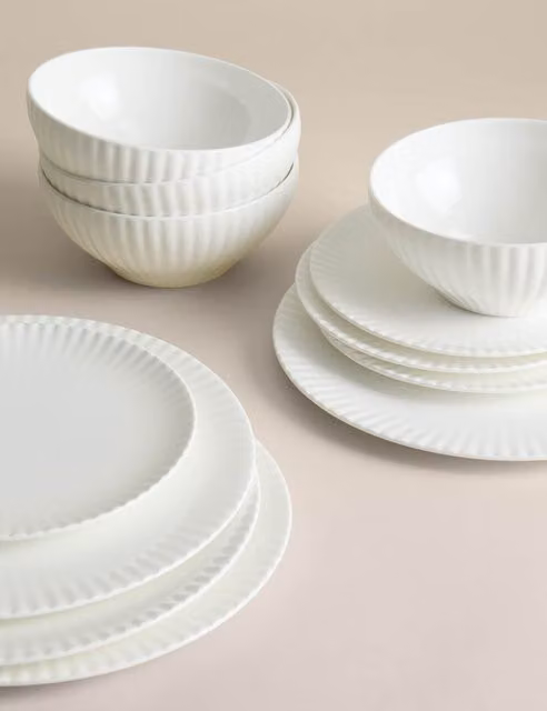 M&S Hampton Fluted 12 Piece Bone China Dinner Set in White