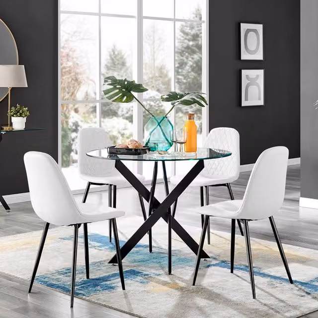 FurnitureboxUK Novara Round Glass Dining Table with Four Corona Chairs in White and Black
