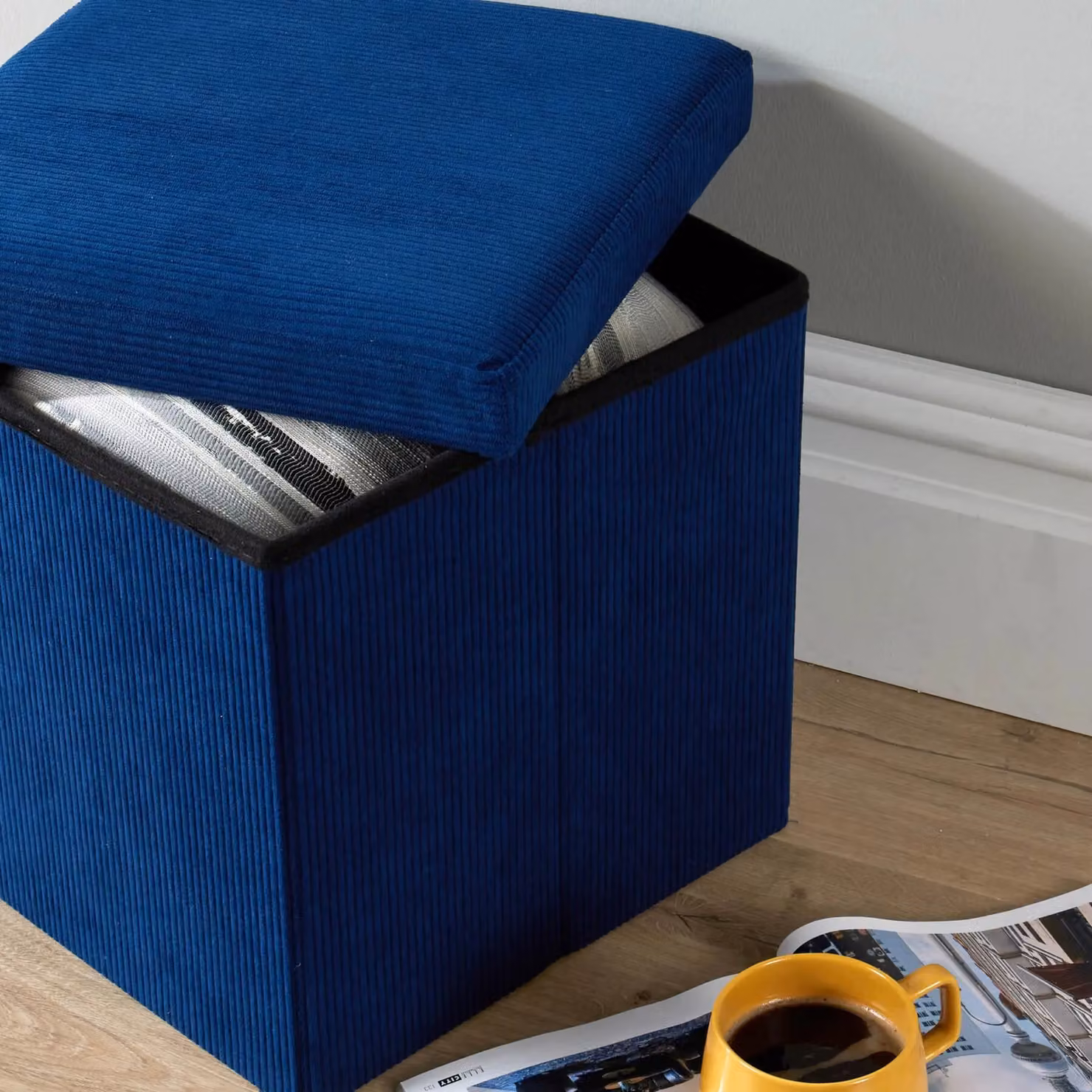Home Source Corduroy Fabric Folding Ottoman Storage Cube in Blue, W/D/H: 38 x 38 x 38 cm – 2