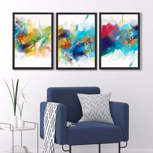 ARTZE Set of 3 Abstract Multicolour Fractal Wall Art with Black Frames, W: 45 cm, H: 62 cm – 1