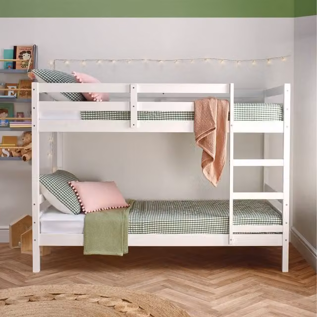 Home Treats White Solid Wood Single Bunk Bed with Splittable Twin Sleeper and Mattress 90x200 cm