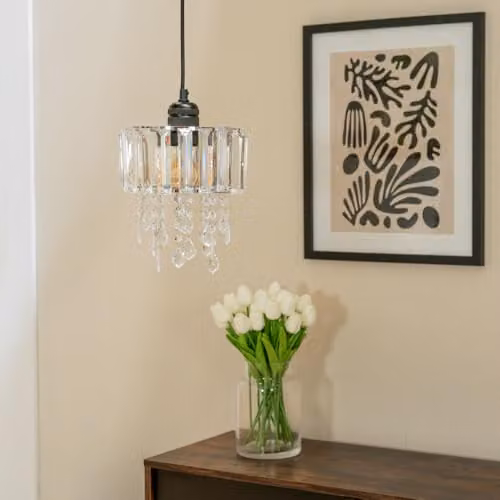 ValueLights Mabel Clear and Silver Acrylic Drum Ceiling Pendant Light Shade with Droplet Design, Width: 20 cm – 2