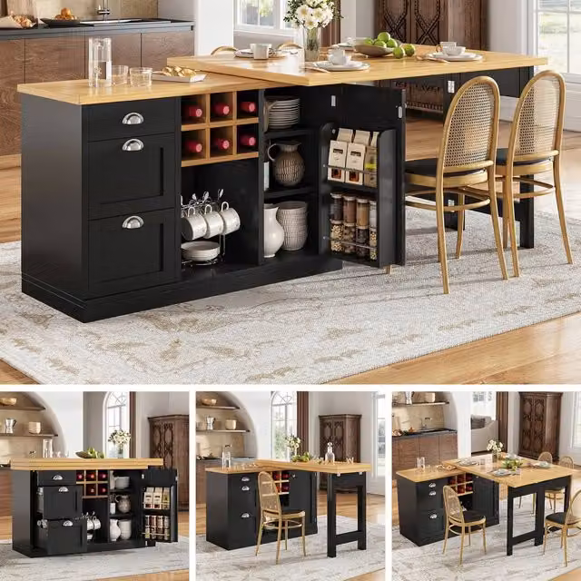 BTM Extendable Sideboard Dining Table with Wine Rack and Storage Drawers in Black – 1