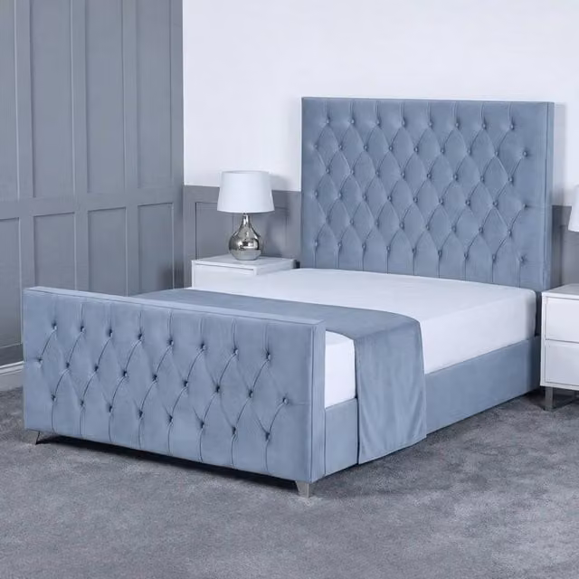 Living Comfort Bedz Vertex Upholstered Velvet Gas Lift Storage Bed in Blue, Size: Small Double (120 x 200 cm)