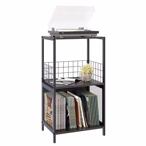 Huhote Retro 3-Tier Serving Trolley in Black with Height Adjustable Wood and Metal Construction, W/D/H: 72.9 x 40 x 30 cm