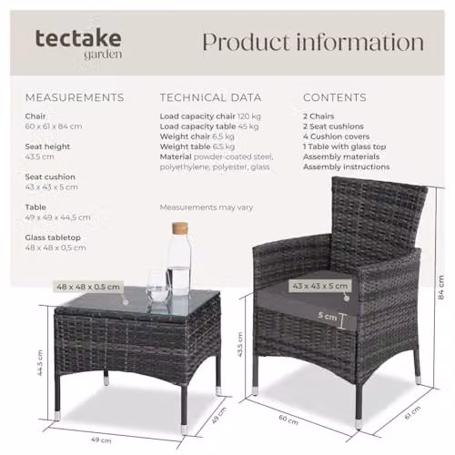 tectake Lucerne Rattan Garden Bistro Set in Grey with Glass Tabletop and Beige and Grey Cushions for 2 Adults – 6