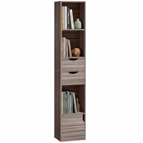 HOMCOM 3-Tier Grey Modern Bookcase with Drawers, H 158 x W 30 x D 24 cm – 1