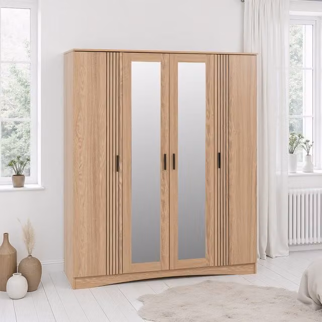 Seconique Tessa 4 Door Mirrored Wardrobe in Natural Oak