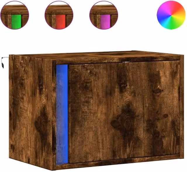 Berkfield Home Wall-mounted Bedside Cabinet with Integrated LED Lights in Smoked Oak Brown – 1