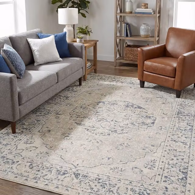 Livabliss Lilian Washable Vintage Boho Traditional Living and Dining Room Rug in Grey, Blue and Brown, W: 160 cm, D: 215 cm – 1