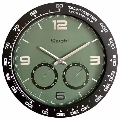 Kmok Modern Round Silent Analogue Wall Clock in Green, Diameter: 39.3 cm