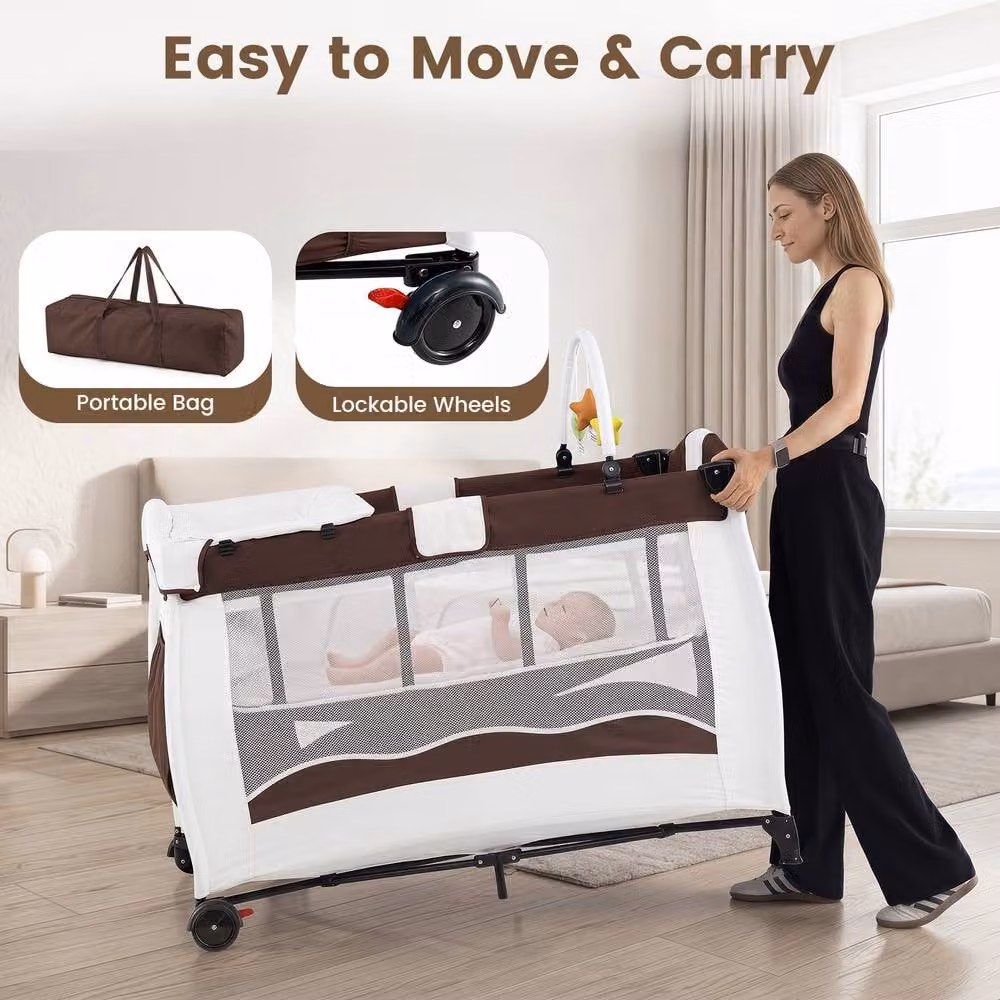 Gymax Folding Playpen in Brown with Diaper Changing Table, 2 Lockable Wheels and 3 Hanging Toys – 6
