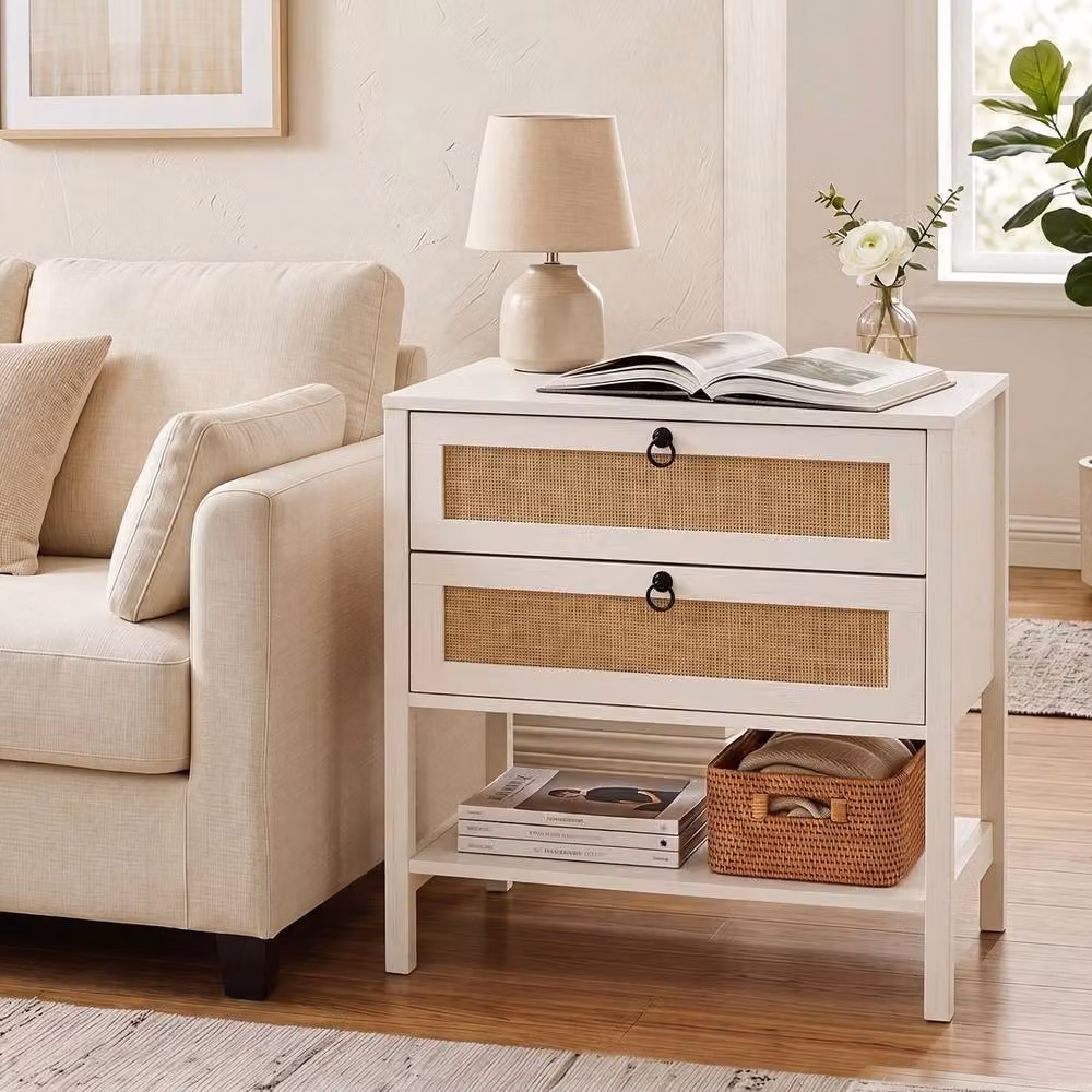 NESTLUNE Boho Rattan Wide Bedside Cabinet and Sofa End Table in White, W: 100 cm, D: 15 cm, H: 40 cm – 2