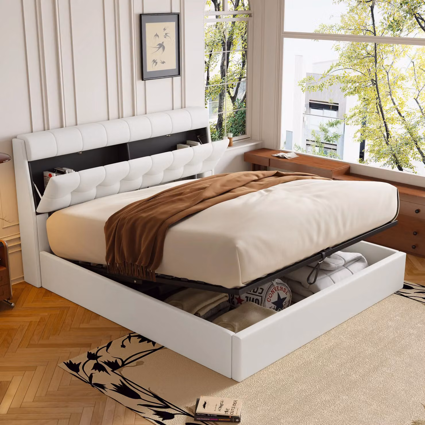 Matteo Upholstered Synthetic Leather Bed with Hydraulic Lift-Up Storage in Beige or White, W/D/H: 150 x 200 cm – 2