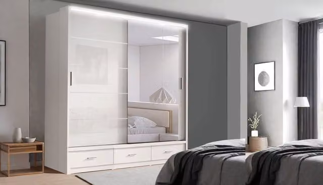 RAC3 High Gloss LED Mirror Sliding Wardrobe with Integrated Drawers in White, Black or Grey, W: 205 cm, H: 216 cm