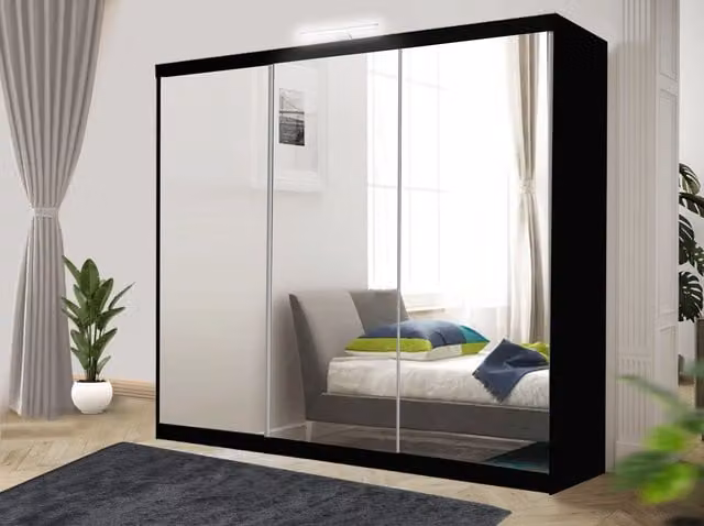 RAC3 Modern Black Sliding Mirror Wardrobe with Integrated LED Lighting and Drawers, Width: 250 cm