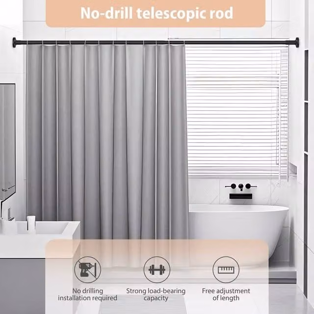 EONLION Black Extendable Telescopic Metal Shower Curtain Pole, W: 110-190 cm – 1