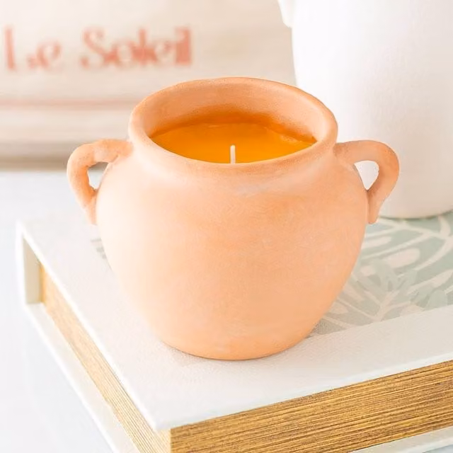 Uniqueful Orange Terracotta Pillar Candle in a Rustic Ceramic Urn, Height: 15 cm