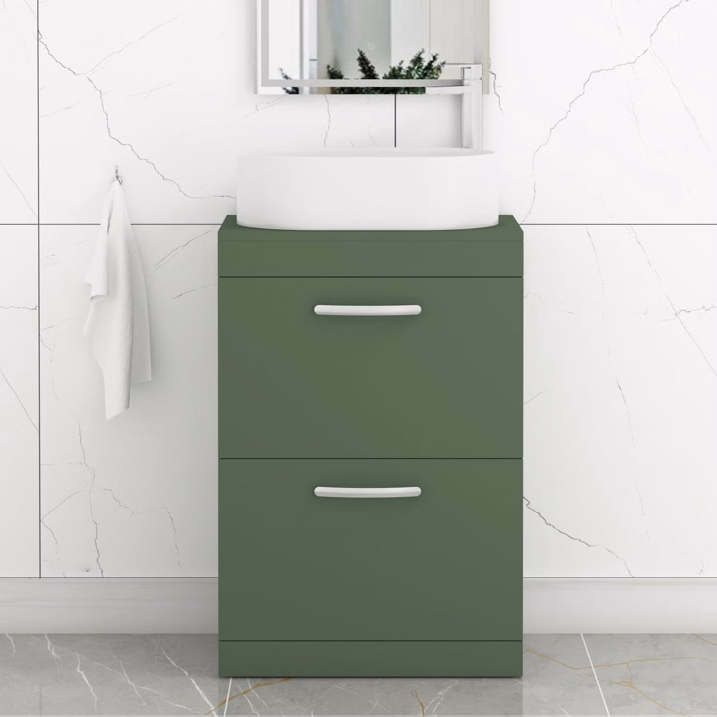 Royal Bathrooms Turin 800mm Floor Standing 2 Drawer Vanity Unit in Matt Green with Peak Countertop Basin and Brushed Brass Handles