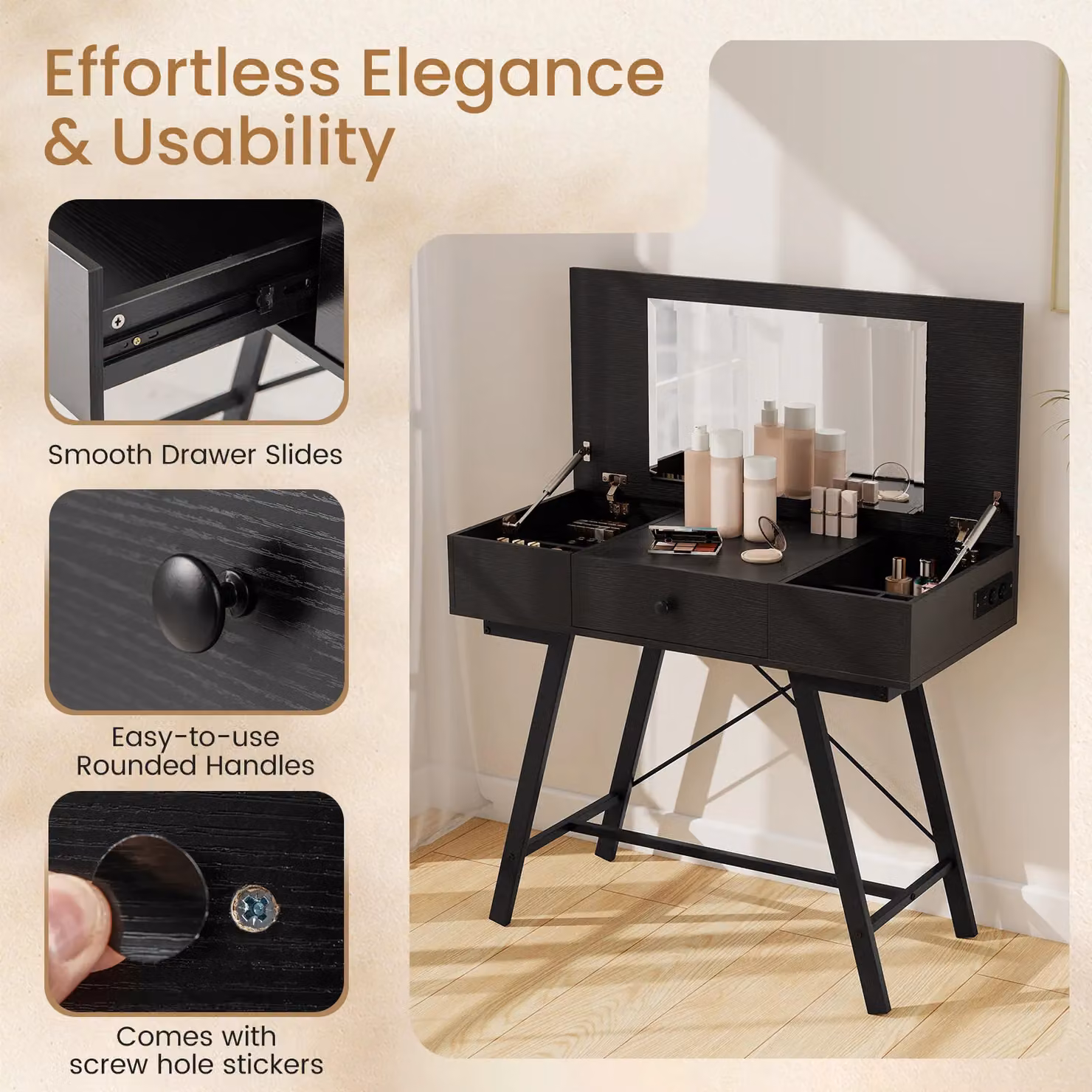 Costway Modern Black Flip Top Vanity Desk with Mirror and Metal X-Frame Design – 5