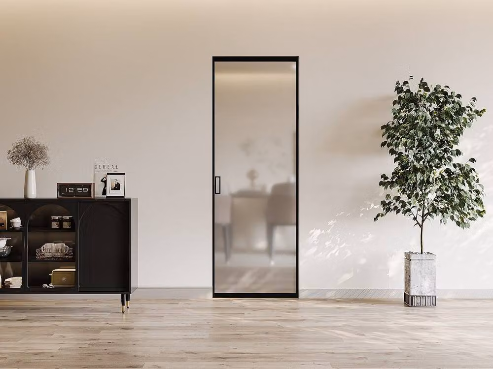 Vente-unique Black Sliding Pocket Door System with Frosted Tempered Glass and Aluminium Frame – 2