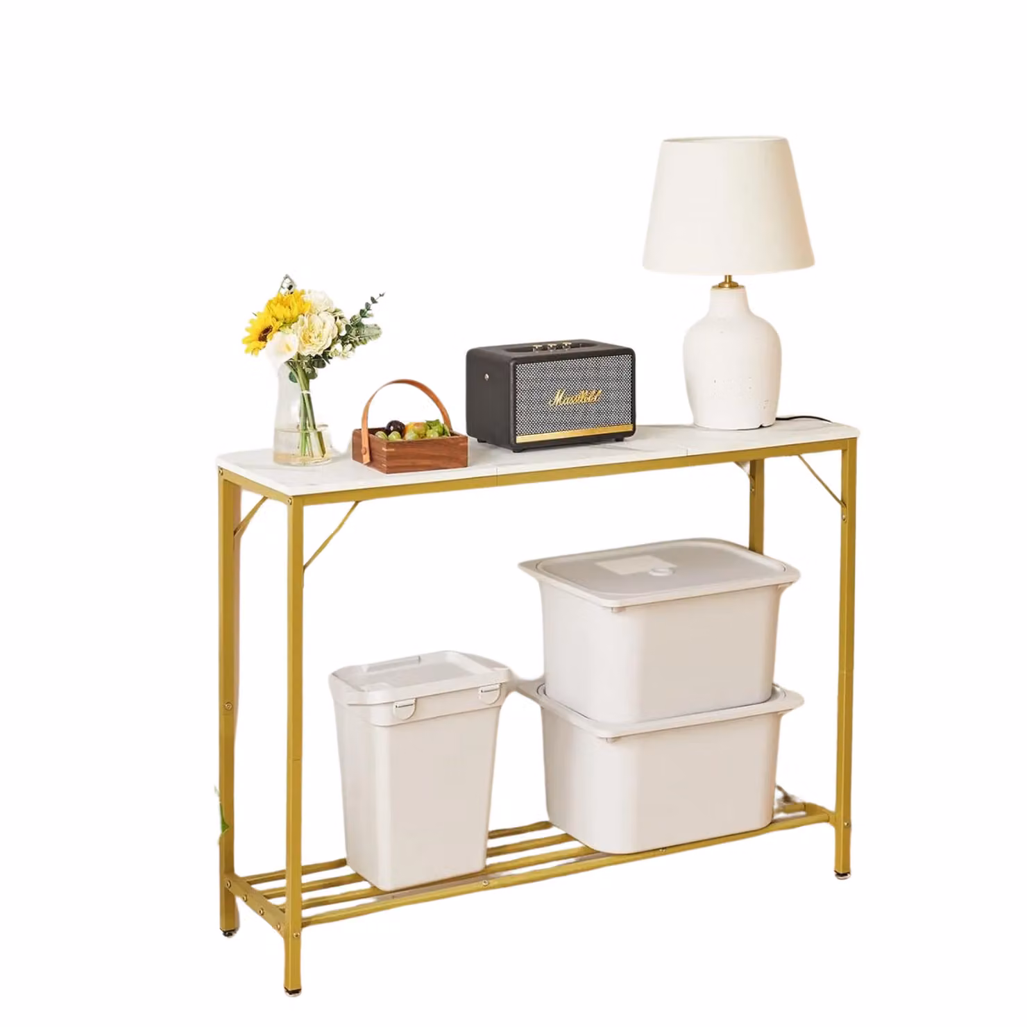 FURNOS 2-Tier Gold and Black Metal Console Table with Rustic Brown Composite Top – 3