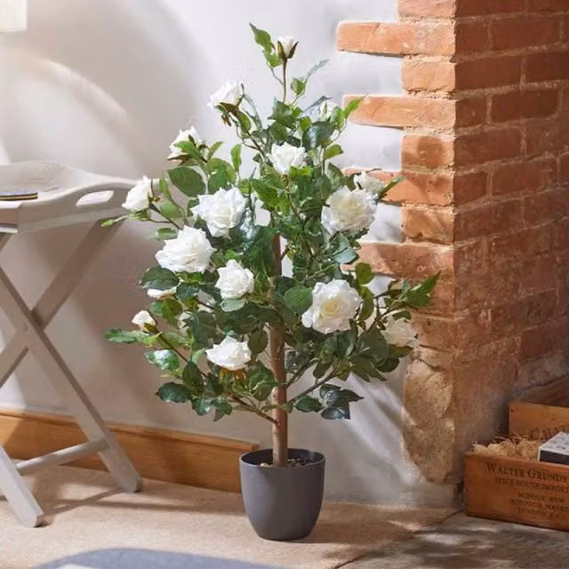 Garden Mile Large Artificial White Rose Tree in Green and White