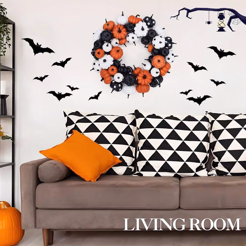 London Boutique Halloween Pumpkin Rattan Wreath in Orange, Black and White, Diameter: 45.72 cm – 6