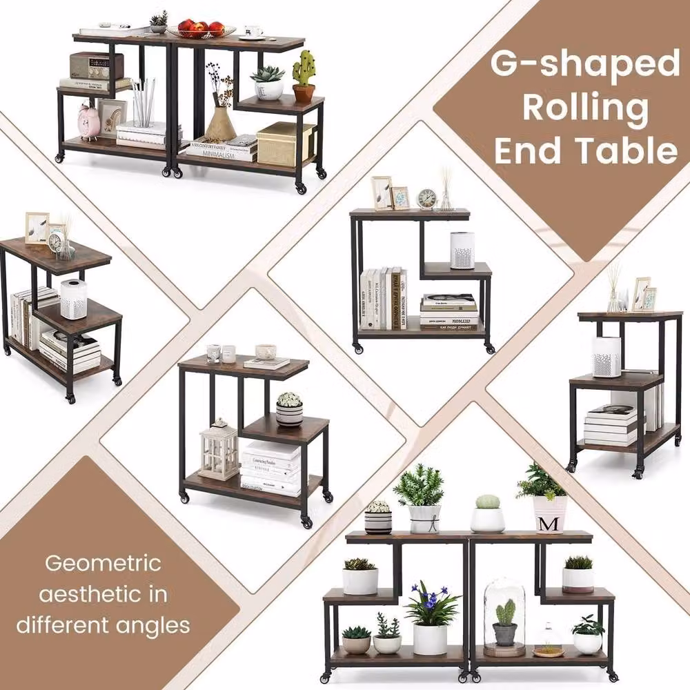 FORGEVIO Industrial Small Sofa Side Table with Open Shelves in Brown – 4