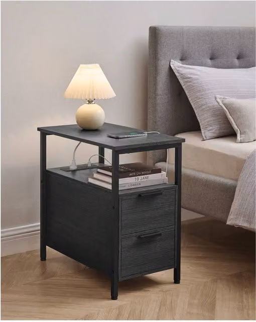 VASAGLE Narrow Side Table with Charging Station, Black