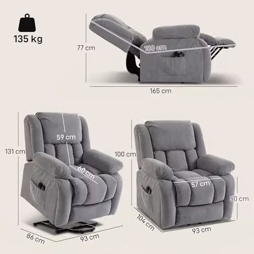 HOMCOM Grey Fabric Recliner Armchair with Motorised Lift Assist, Massage and Heat Functions – 3