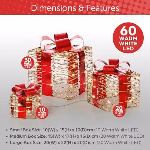 The Christmas Workshop Light-Up Gold and Red Gift Box Set of 3 with Warm White LED Lights and Timer Function, Battery Powered, W/D/H: 22 x 20 x 20 cm – 2