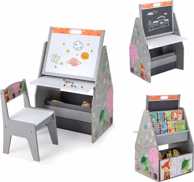 Costway Double-Sided Kids Art Easel Toddler Table and Chair Set in Grey