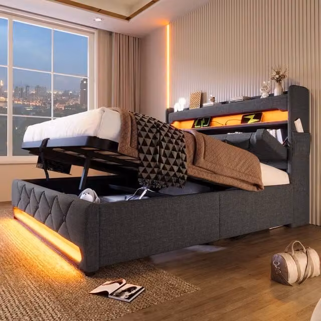 Merax Grey Upholstered Double Bed with Hydraulic Storage, LED Lighting and USB Charging Ports, W/D/H: 140 x 200 x 156 cm