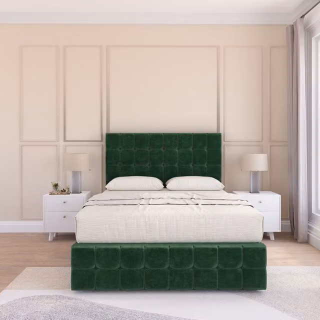 Sloomy Berlin Divan Bed Set with Matching Footboard in Emerald Green Plush Velvet, Double Size (W: 140 cm, L: 200 cm)
